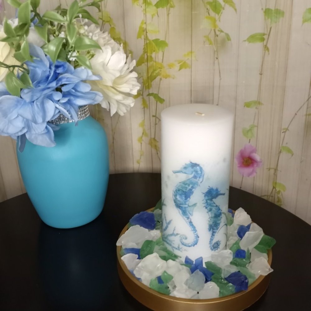 Tall Pillar Candle Seahorse Decoupage Unscented